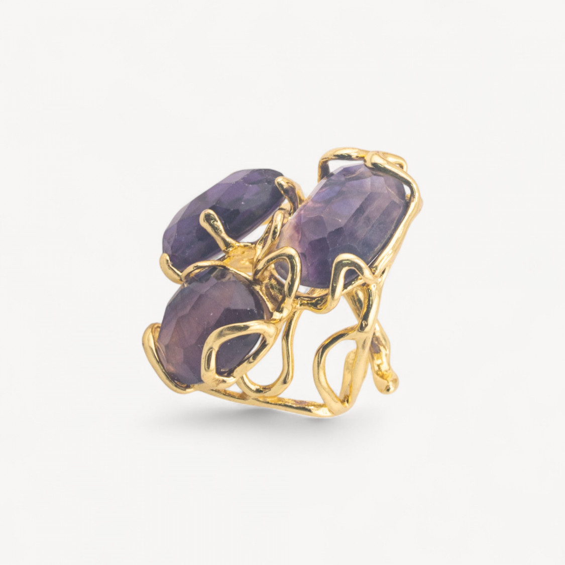 Anello Regolabile in Bronzo Dorato Collezione AURORA con Pietre Dure Fluorite Viola| Gioiello Artigianale Donna 32x36mm-ANELLI BIJOUX DONNA AURORA BEST SELLER | Worldofjewel.com