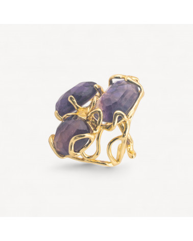 Anello Regolabile in Bronzo Dorato Collezione AURORA con Pietre Dure Fluorite Viola| Gioiello Artigianale Donna 32x36mm-ANELLI BIJOUX DONNA AURORA BEST SELLER | Worldofjewel.com