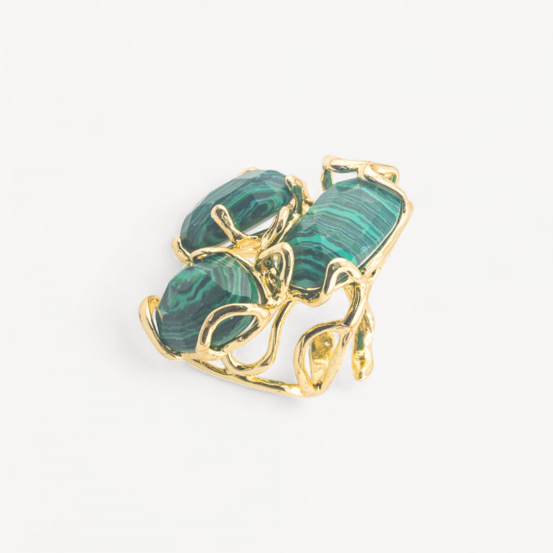 Anello Regolabile in Bronzo Dorato Collezione AURORA con Pietre Dure Pasta Di Malachite | Gioiello Artigianale Donna 32x36mm-ANELLI BIJOUX DONNA AURORA BEST SELLER | Worldofjewel.com