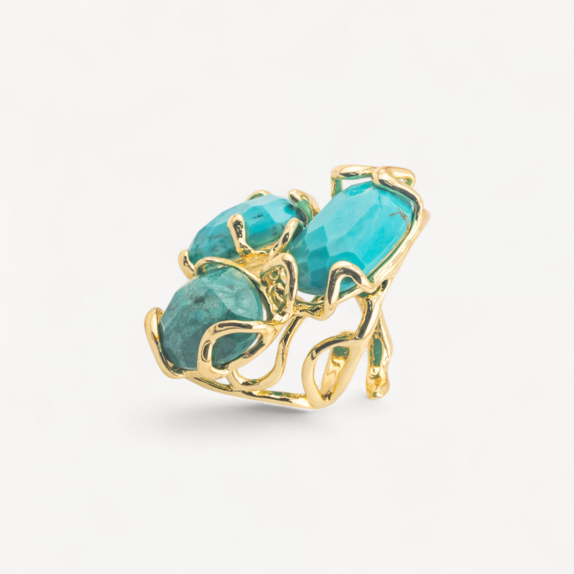 Anello Regolabile in Bronzo Dorato Collezione AURORA con Pietre Dure Turchesite | Gioiello Artigianale Donna 32x36mm-ANELLI BIJOUX DONNA AURORA BEST SELLER | Worldofjewel.com