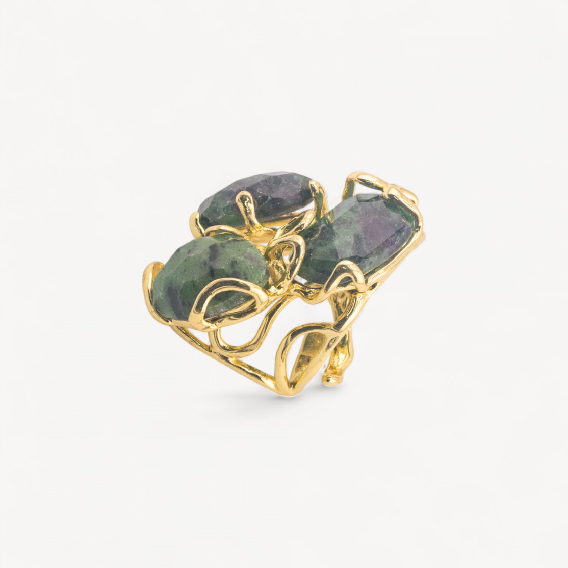 Anello Regolabile in Bronzo Dorato Collezione AURORA con Pietre Dure Zoisite | Gioiello Artigianale Donna 32x36mm-ANELLI BIJOUX DONNA AURORA BEST SELLER | Worldofjewel.com