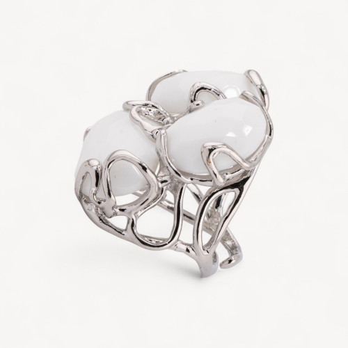 Adjustable Rhodium-Plated Bronze Ring from the Aurora Collection with Cat's Eye and White Agate | Handcrafted Women's Jewelry 32
