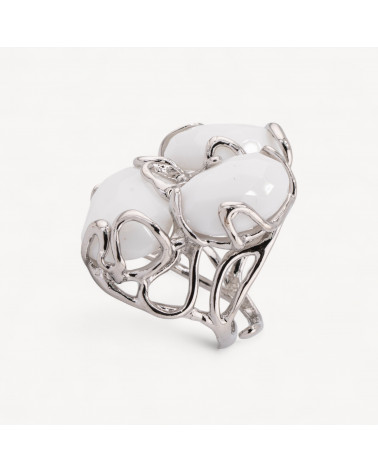 Anello Regolabile in Bronzo Rodiato Collezione AURORA con Occhio Di Gatto Agata Bianca | Gioiello Artigianale Donna 32x36mm-ANELLI BIJOUX DONNA AURORA BEST SELLER | Worldofjewel.com