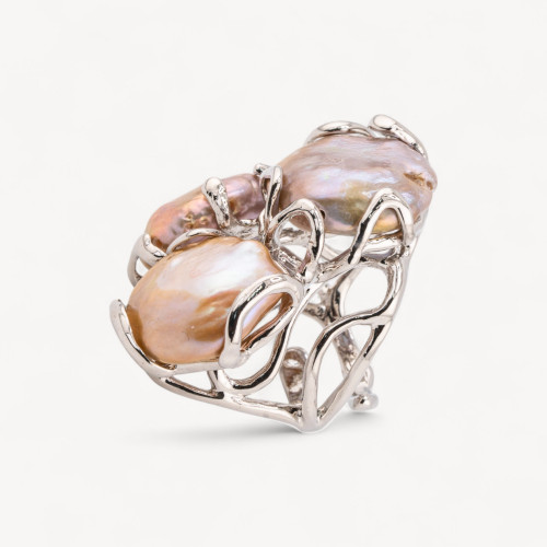 Bague ajustable en bronze rhodié de la collection Aurora avec perles de rivière en bronze | Bijou artisanal pour femme 32 x 36 m