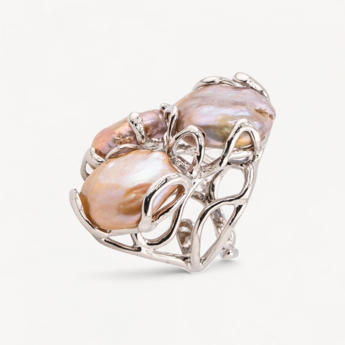 Bague ajustable en bronze rhodié de la collection Aurora avec perles de rivière en bronze | Bijou artisanal pour femme 32 x 36 m-BAGUES POUR FEMMES AURORA LES PLUS VENDUES | Worldofjewel.com