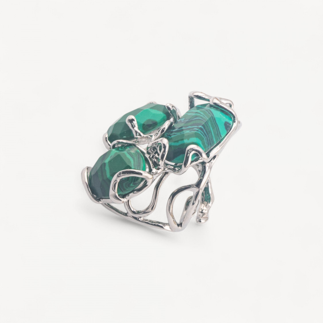 Bague ajustable en bronze rhodié de la collection Aurora avec pierres en pâte de malachite | Bijou artisanal pour femme, 32 x 36-BAGUES POUR FEMMES AURORA LES PLUS VENDUES | Worldofjewel.com