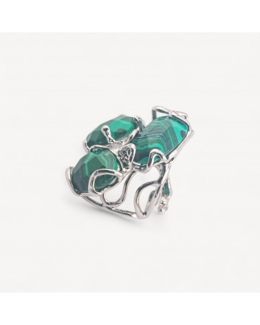 Anello Regolabile in Bronzo Rodiato Collezione AURORA con Pietre Dure Pasta Di Malachite| Gioiello Artigianale Donna 32x36mm-ANELLI BIJOUX DONNA AURORA BEST SELLER | Worldofjewel.com