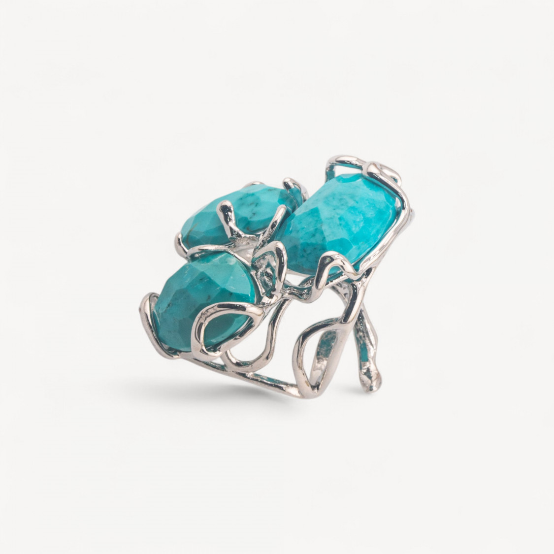 Anello Regolabile in Bronzo Rodiato Collezione AURORA con Pietre Dure Turchesite| Gioiello Artigianale Donna 32x36mm-ANELLI BIJOUX DONNA AURORA BEST SELLER | Worldofjewel.com