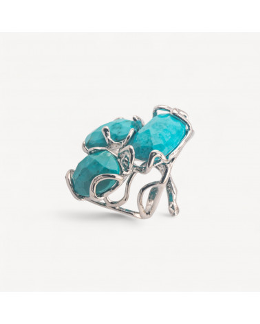 Anello Regolabile in Bronzo Rodiato Collezione AURORA con Pietre Dure Turchesite| Gioiello Artigianale Donna 32x36mm-ANELLI BIJOUX DONNA AURORA BEST SELLER | Worldofjewel.com
