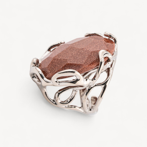 Bague ajustable en bronze rhodié de la collection Aurora-1 avec pierres de sable doré | Bijou artisanal pour femme 28 x 32 mm