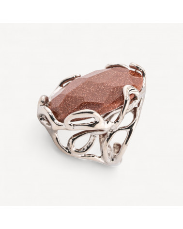 Anello Regolabile in Bronzo Rodiato Collezione AURORA-1 con Pietre Dure Gold Sand Stone | Gioiello Artigianale Donna 28x32mm-ANELLI BIJOUX DONNA AURORA BEST SELLER | Worldofjewel.com