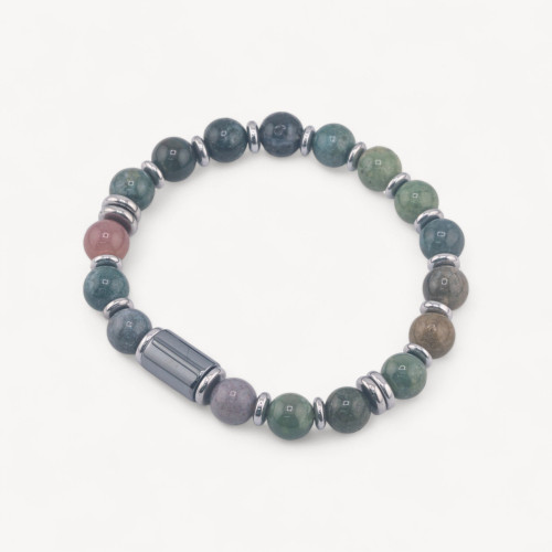 Bracelet pour homme orné de pierres naturelles de 8 mm et d'un cylindre d'agate indienne de 8 x 12 mm.