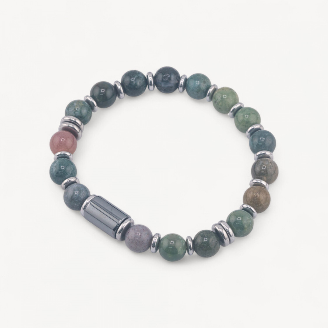 Bracciale Uomo Con Pietre Naturali da 8mm e Cilindro Da 8x12mm Agata Indiana-LÍNEA HOMBRE | Worldofjewel.com