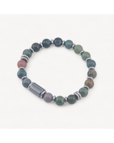 Bracciale Uomo Con Pietre Naturali da 8mm e Cilindro Da 8x12mm Agata Indiana-LÍNEA HOMBRE | Worldofjewel.com