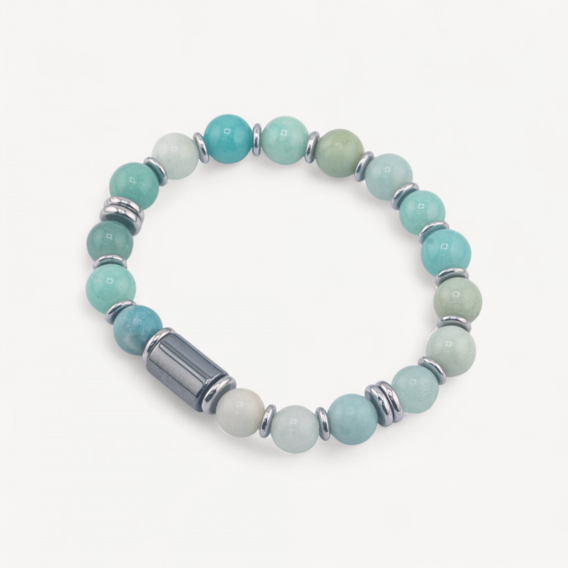 Bracciale Uomo Con Pietre Naturali da 8mm e Cilindro Da 8x12mm Amazzonite-LÍNEA HOMBRE | Worldofjewel.com