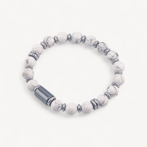 Herrenarmband mit 8 mm Natursteinen und 8 x 12 mm weißem Aulith-Zylinder