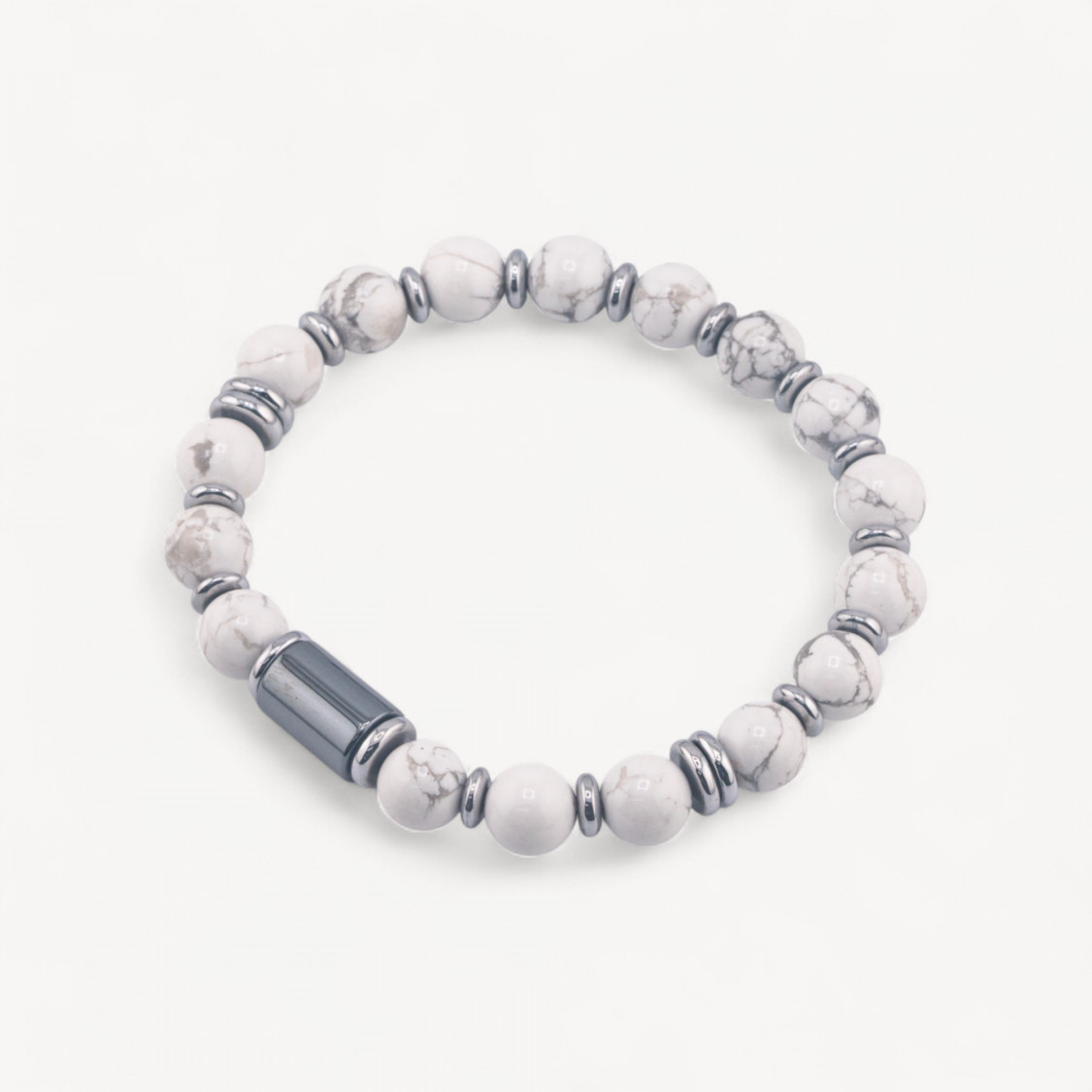 Bracciale Uomo Con Pietre Naturali da 8mm e Cilindro Da 8x12mm Aulite Bianca-LÍNEA HOMBRE | Worldofjewel.com