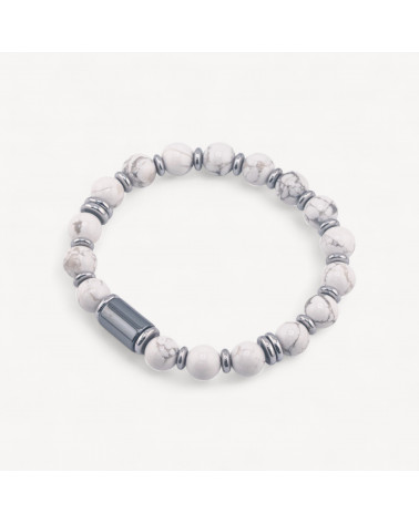 Bracciale Uomo Con Pietre Naturali da 8mm e Cilindro Da 8x12mm Aulite Bianca-LÍNEA HOMBRE | Worldofjewel.com
