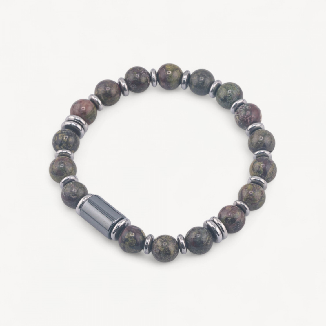 Bracciale Uomo Con Pietre Naturali da 8mm e Cilindro Da 8x12mm Diaspro Floreale-LÍNEA HOMBRE | Worldofjewel.com