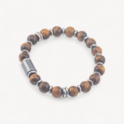 Pulsera de Hombre con Piedras Naturales de 8mm y Cilindro de Ojo de Tigre Amarillo de 8x12mm
