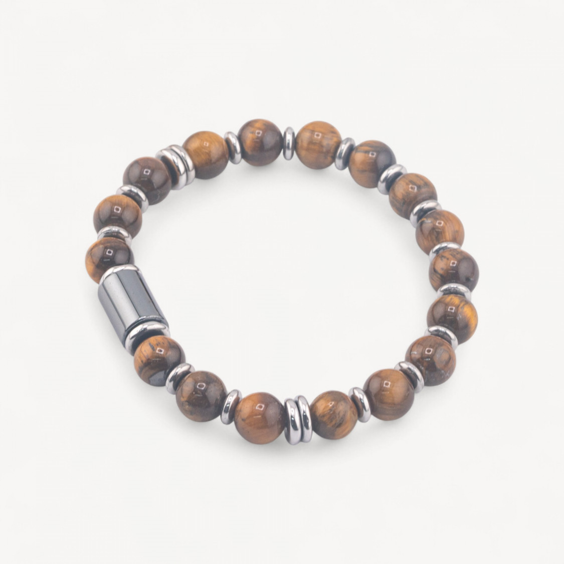 Bracciale Uomo Con Pietre Naturali da 8mm e Cilindro Da 8x12mm Occhio di Tigre Giallo-LÍNEA HOMBRE | Worldofjewel.com