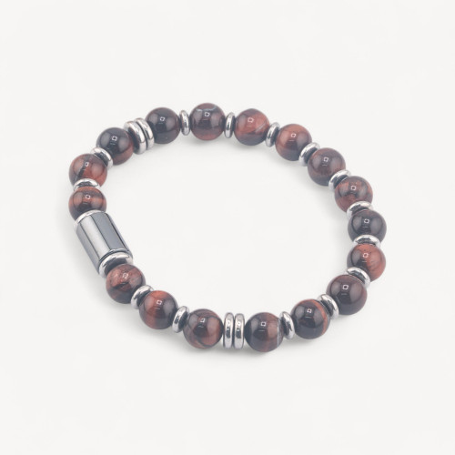Bracelet pour homme orné de pierres naturelles de 8 mm et d'un cylindre en œil de tigre rouge de 8 x 12 mm