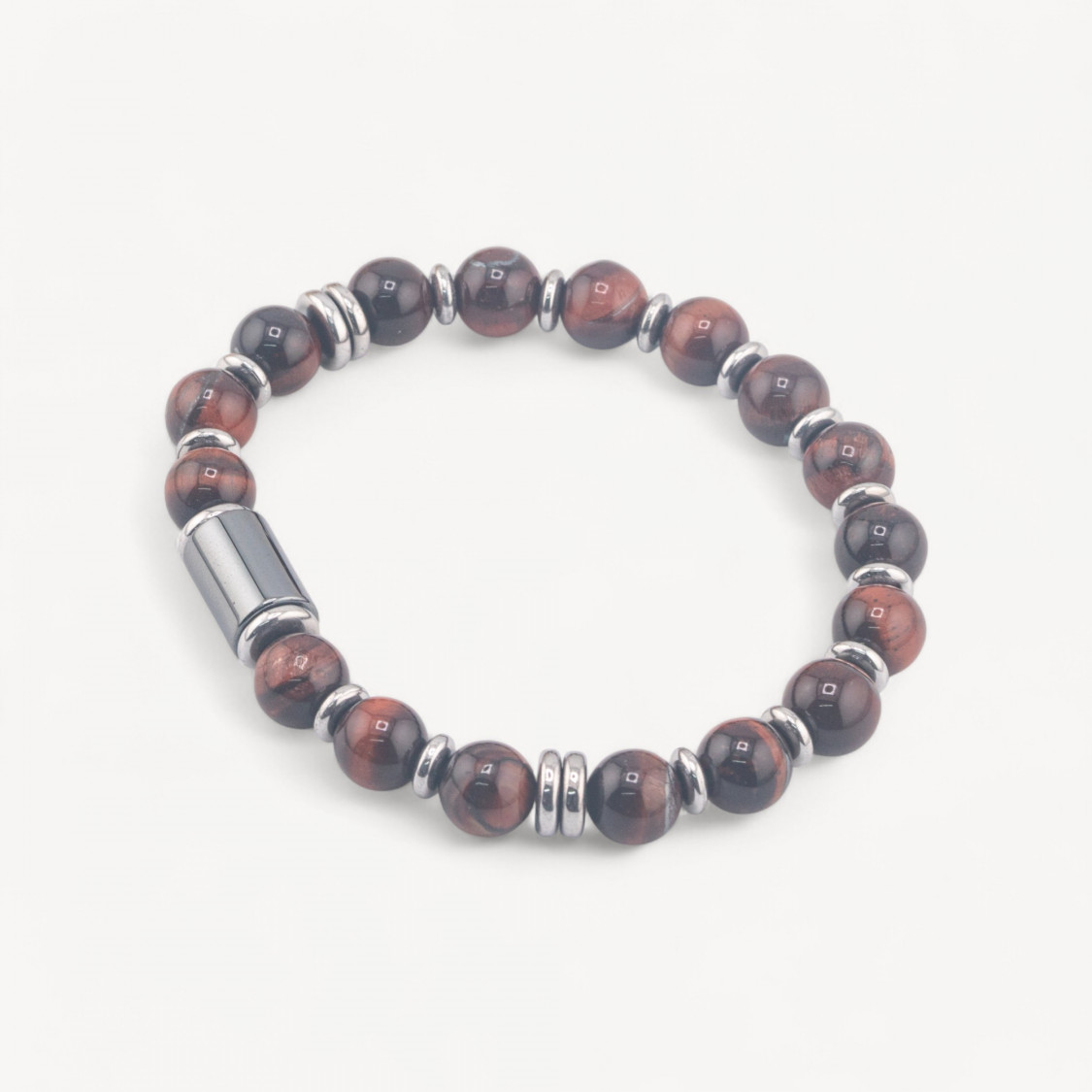 Bracciale Uomo Con Pietre Naturali da 8mm e Cilindro Da 8x12mm Occhio di Tigre Rosso-LÍNEA HOMBRE | Worldofjewel.com