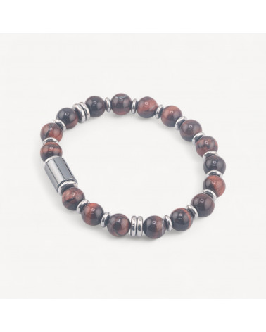 Bracciale Uomo Con Pietre Naturali da 8mm e Cilindro Da 8x12mm Occhio di Tigre Rosso-LÍNEA HOMBRE | Worldofjewel.com