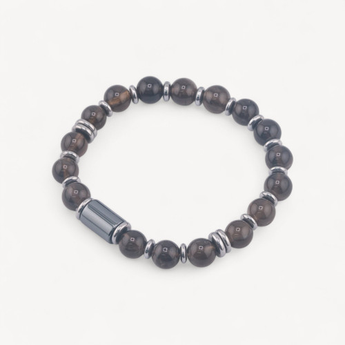 Pulsera de hombre con piedras naturales de 8 mm y cilindro de cuarzo ahumado de 8x12 mm