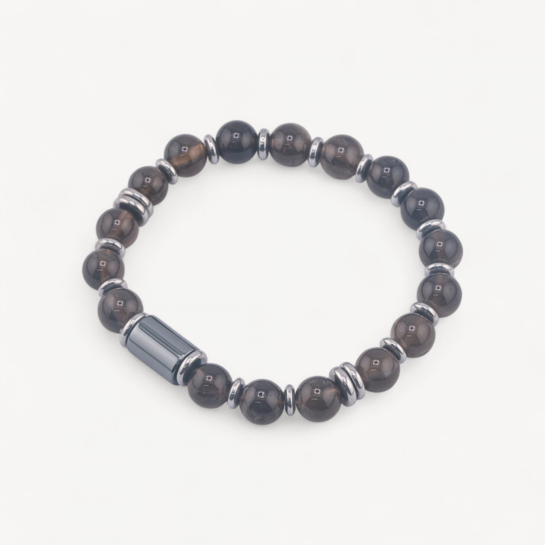 Bracciale Uomo Con Pietre Naturali da 8mm e Cilindro Da 8x12mm Quarzo Fumé-LÍNEA HOMBRE | Worldofjewel.com