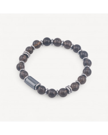Bracciale Uomo Con Pietre Naturali da 8mm e Cilindro Da 8x12mm Quarzo Fumé-LÍNEA HOMBRE | Worldofjewel.com