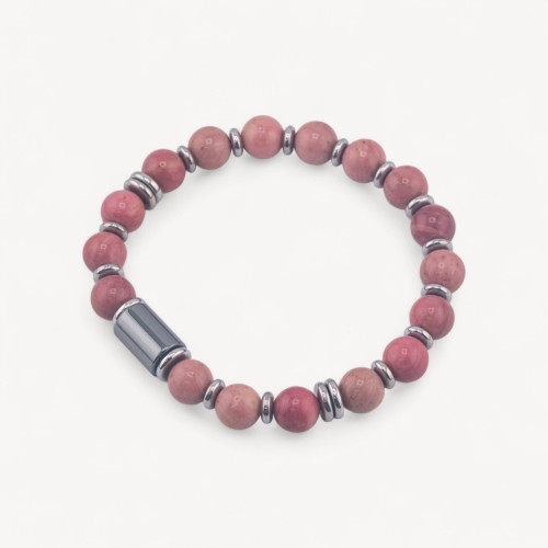 Herrenarmband mit 8 mm Natursteinen und 8 x 12 mm Rhodonitzylinder