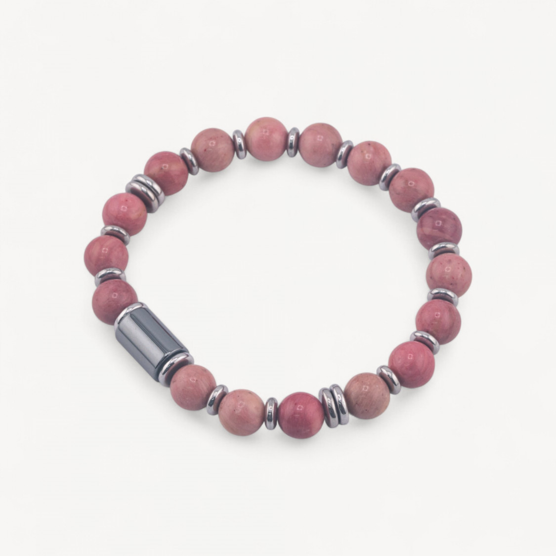 Bracciale Uomo Con Pietre Naturali da 8mm e Cilindro Da 8x12mm Rodonite-LÍNEA HOMBRE | Worldofjewel.com