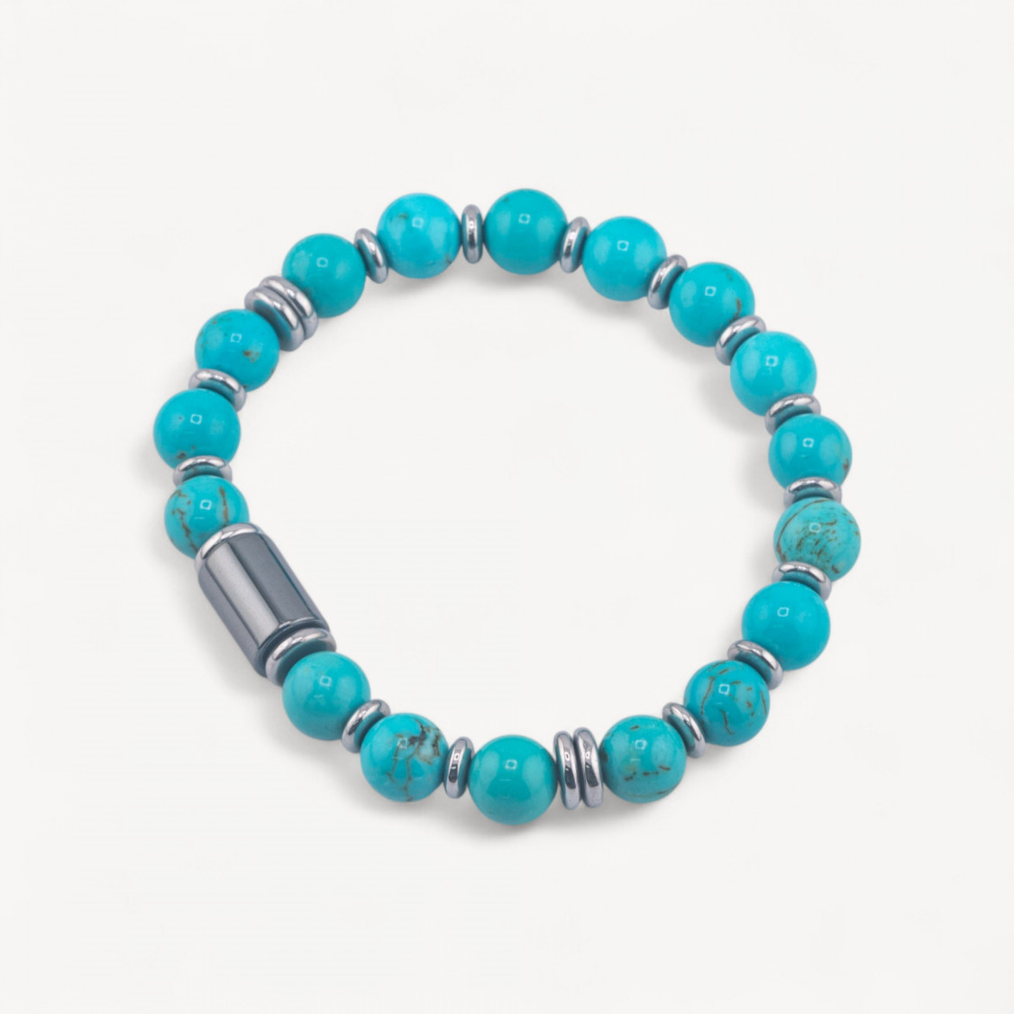 Bracelet pour homme orné de pierres naturelles de 8 mm et d'un cylindre de turquoise de 8 x 12 mm.-LIGNE HOMME | Worldofjewel.com