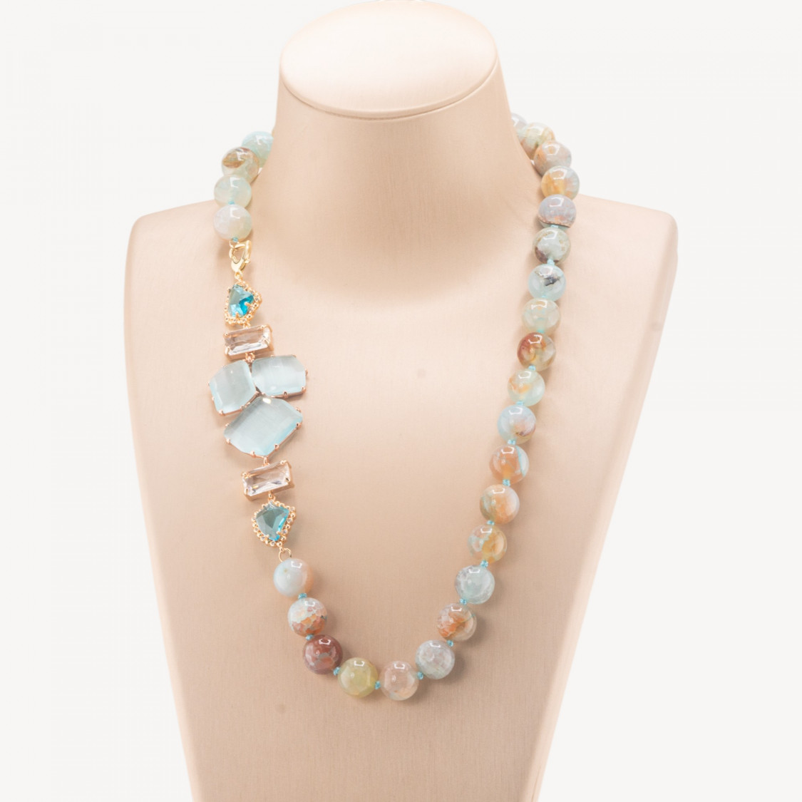 Collana Bijoux Con Pietre Dure e Laterale in Cristalli e Occhi di Gatto 60cm Celeste-COLLANE DESIGN CON PIETRE NATURALI E PERLE | Worldofjewel.com