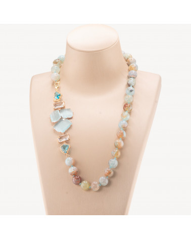 Collana Bijoux Con Pietre Dure e Laterale in Cristalli e Occhi di Gatto 60cm Celeste-COLLANE DESIGN CON PIETRE NATURALI E PERLE | Worldofjewel.com