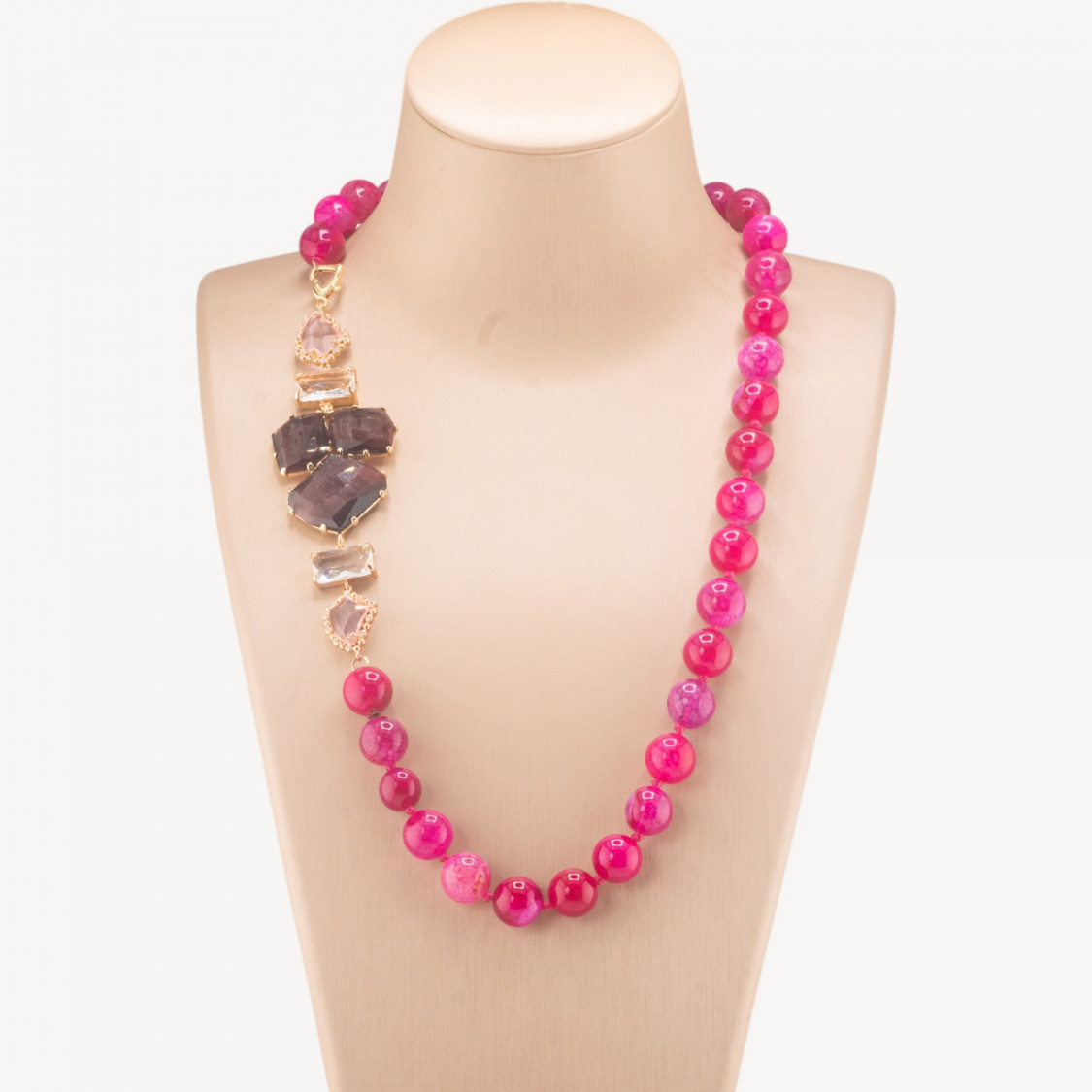 Collana Bijoux Con Pietre Dure e Laterale in Cristalli e Occhi di Gatto 60cm Fucsia-COLLANE DESIGN CON PIETRE NATURALI E PERLE | Worldofjewel.com