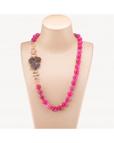 Collana Bijoux Con Pietre Dure e Laterale in Cristalli e Occhi di Gatto 60cm Fucsia-COLLANE DESIGN CON PIETRE NATURALI E PERLE | Worldofjewel.com