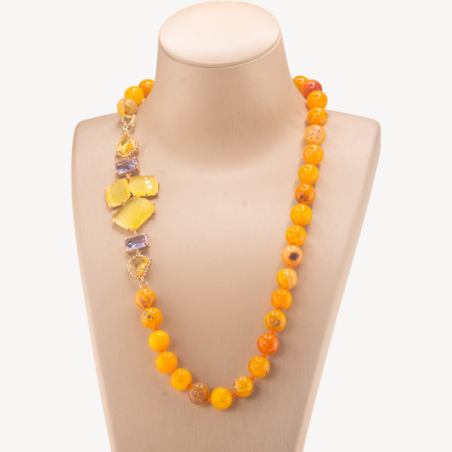 Collier Bijoux avec pierres dures, cristaux latéraux et œil-de-chat, 60 cm, jaune foncé