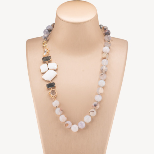 Collier de 60 cm en œil-de-chat gris et blanc et cristal