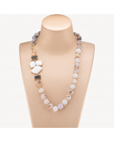 Collana Bijoux Con Pietre Dure e Laterale in Cristalli e Occhi di Gatto 60cm Grigio E Bianco-COLLANE DESIGN CON PIETRE NATURALI E PERLE | Worldofjewel.com
