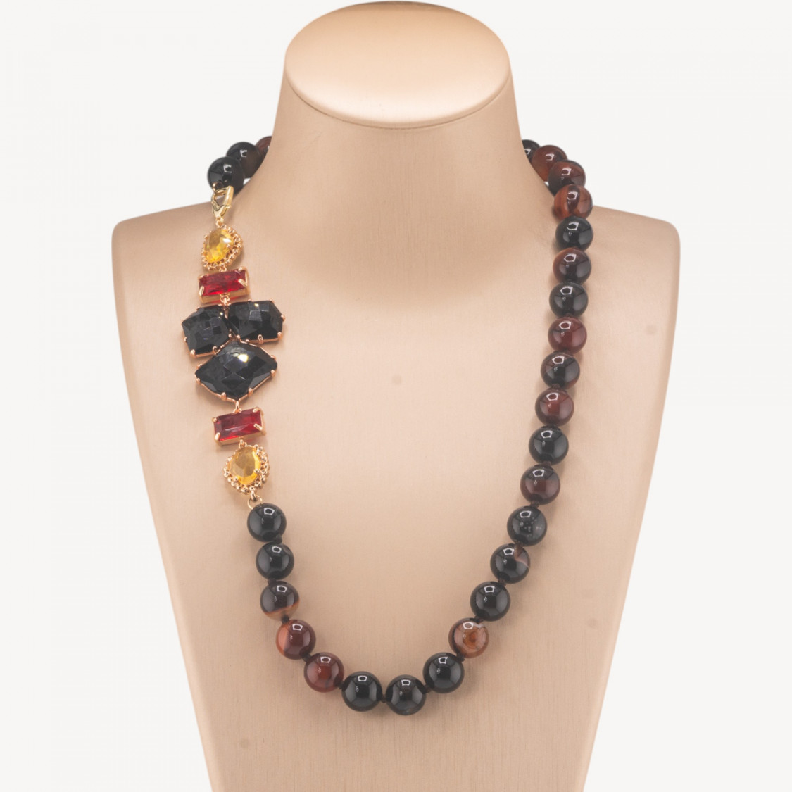 Collana Bijoux Con Pietre Dure e Laterale in Cristalli e Occhi di Gatto 60cm Marrone e Nero-COLLANE DESIGN CON PIETRE NATURALI E PERLE | Worldofjewel.com