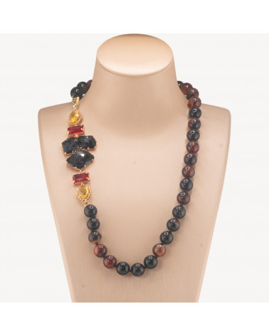 Collana Bijoux Con Pietre Dure e Laterale in Cristalli e Occhi di Gatto 60cm Marrone e Nero-COLLANE DESIGN CON PIETRE NATURALI E PERLE | Worldofjewel.com