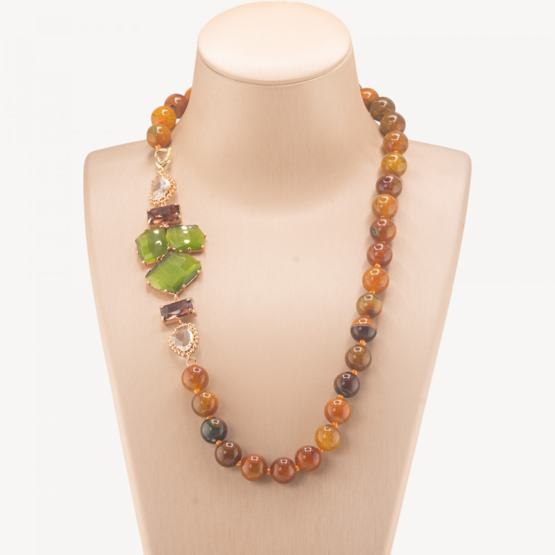 Collana Bijoux Con Pietre Dure e Laterale in Cristalli e Occhi di Gatto 60cm Marrone Verde-COLLANE DESIGN CON PIETRE NATURALI E PERLE | Worldofjewel.com