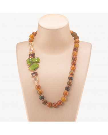Collana Bijoux Con Pietre Dure e Laterale in Cristalli e Occhi di Gatto 60cm Marrone Verde-COLLANE DESIGN CON PIETRE NATURALI E PERLE | Worldofjewel.com