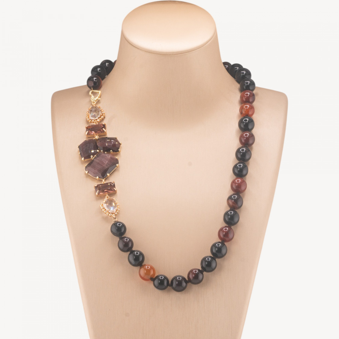 Collana Bijoux Con Pietre Dure e Laterale in Cristalli e Occhi di Gatto 60cm Marrone Viola-COLLANE DESIGN CON PIETRE NATURALI E PERLE | Worldofjewel.com