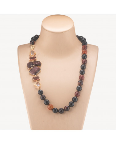 Collana Bijoux Con Pietre Dure e Laterale in Cristalli e Occhi di Gatto 60cm Marrone Viola-COLLANE DESIGN CON PIETRE NATURALI E PERLE | Worldofjewel.com