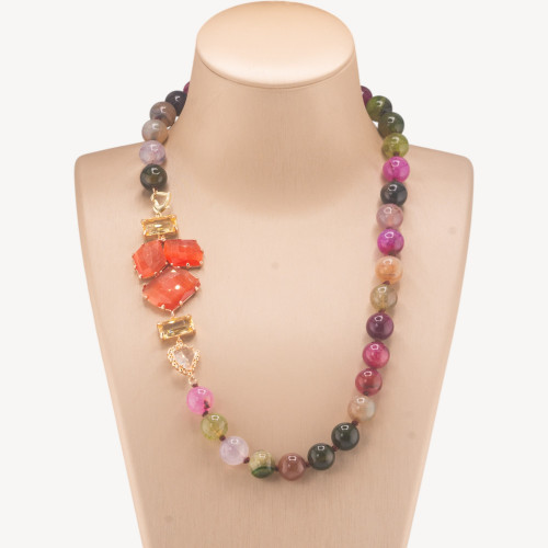 Collar Bijoux con Piedras Duras y Cristales Laterales y Ojos de Gato 60cm Mixto y Naranja