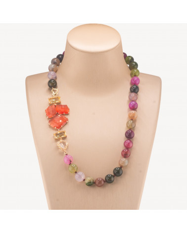 Collana Bijoux Con Pietre Dure e Laterale in Cristalli e Occhi di Gatto 60cm Mix e Arancio-COLLANE DESIGN CON PIETRE NATURALI E PERLE | Worldofjewel.com