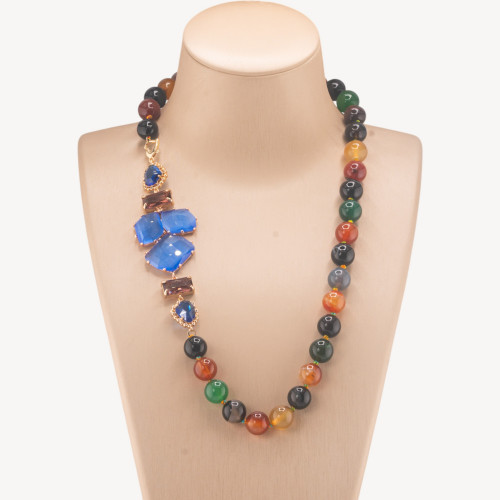 Collier Bijoux avec pierres dures, cristaux latéraux et œil-de-chat, 60 cm, mélange de bleu